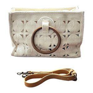 Women's Macrama Handbag w/Double Wooden & Crossbody Straps, Medium sized, Off Wh